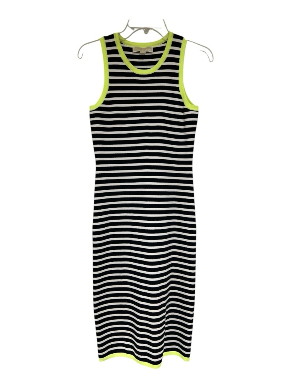 Michael Kors Black and White Striped Tank Midi Dress with Neon Yellow Trim